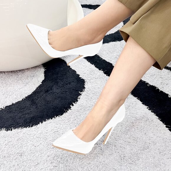 LURNYET WHITE PATENT Women Pointed-Toe Pumps with Stiletto 4 inch Heels - Picture 1 of 5